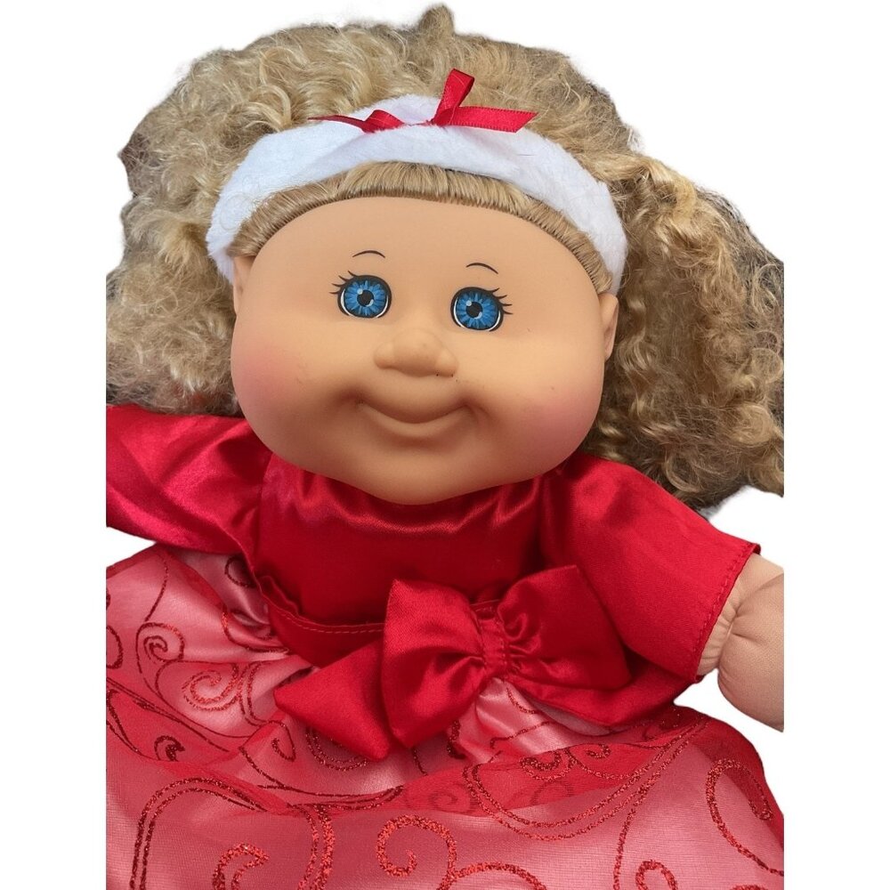 Cabbage Patch Kid Blonde Curly Hair Blue Eyes Red Dress White Headband 15" Plush